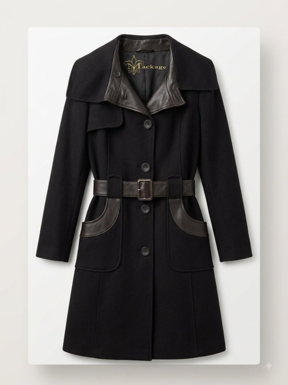MACKAGE Dark Brown Wool & Leather Belted Trench Coat Medium | Classic Luxury